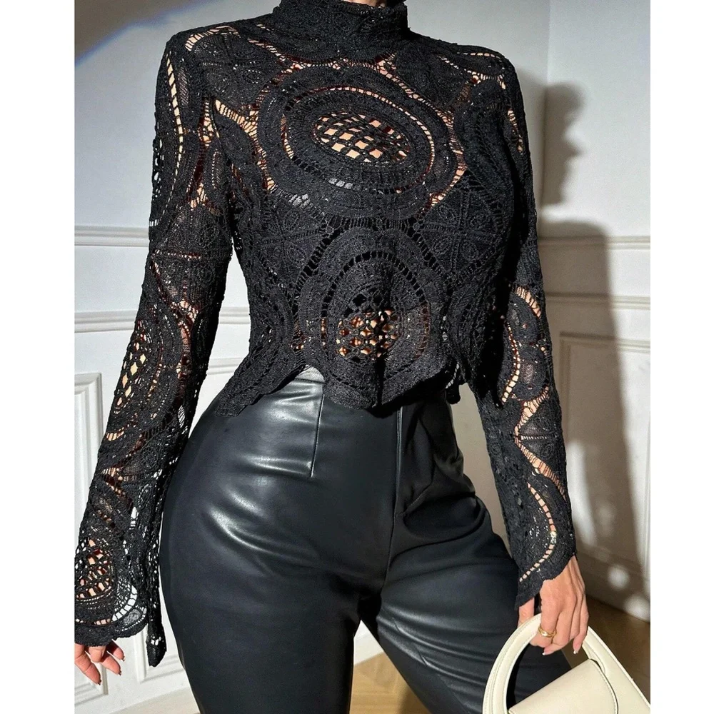 Luxe Sheer Mock neck Flared Long Sleeve Lace Blouse